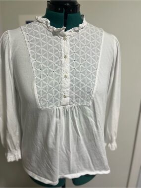 Tommy Hilfiger White Eyelet Panel Ruffled-Neck Blouse